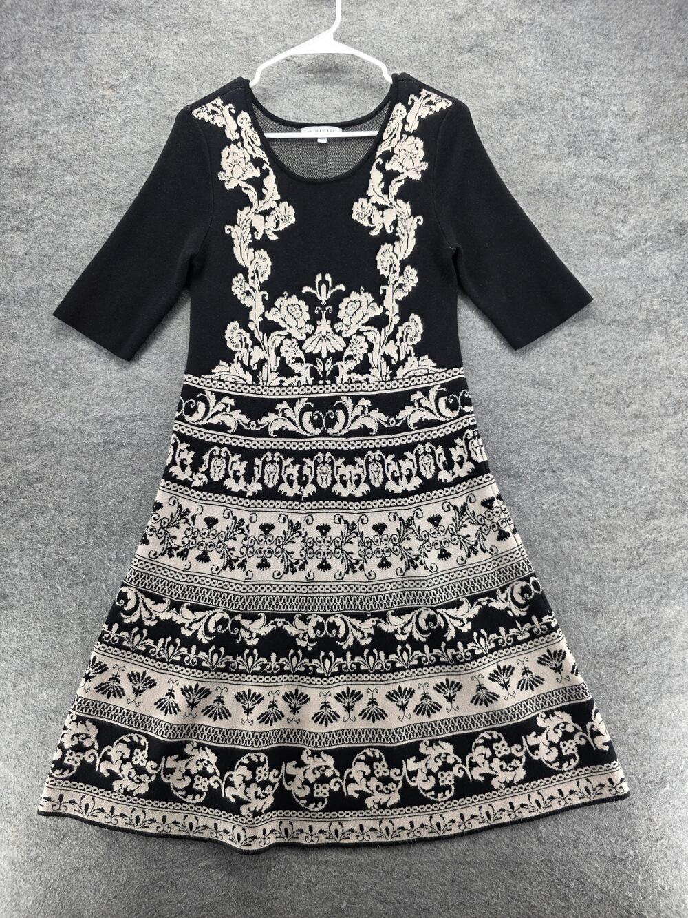 Sandra Darren Dress Womens Small Black Beige A-Line Fit & Flare Jacquard Floral